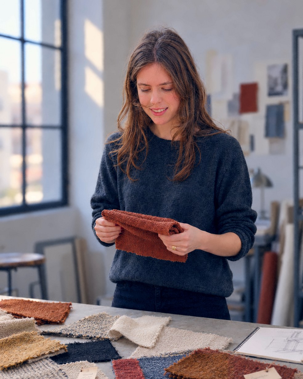 El estudio en Madrid: muestras de tejido en terracota, crema, gris azulado, ocre y negro extendidas sobre la mesa de trabajo junto a la ventana
