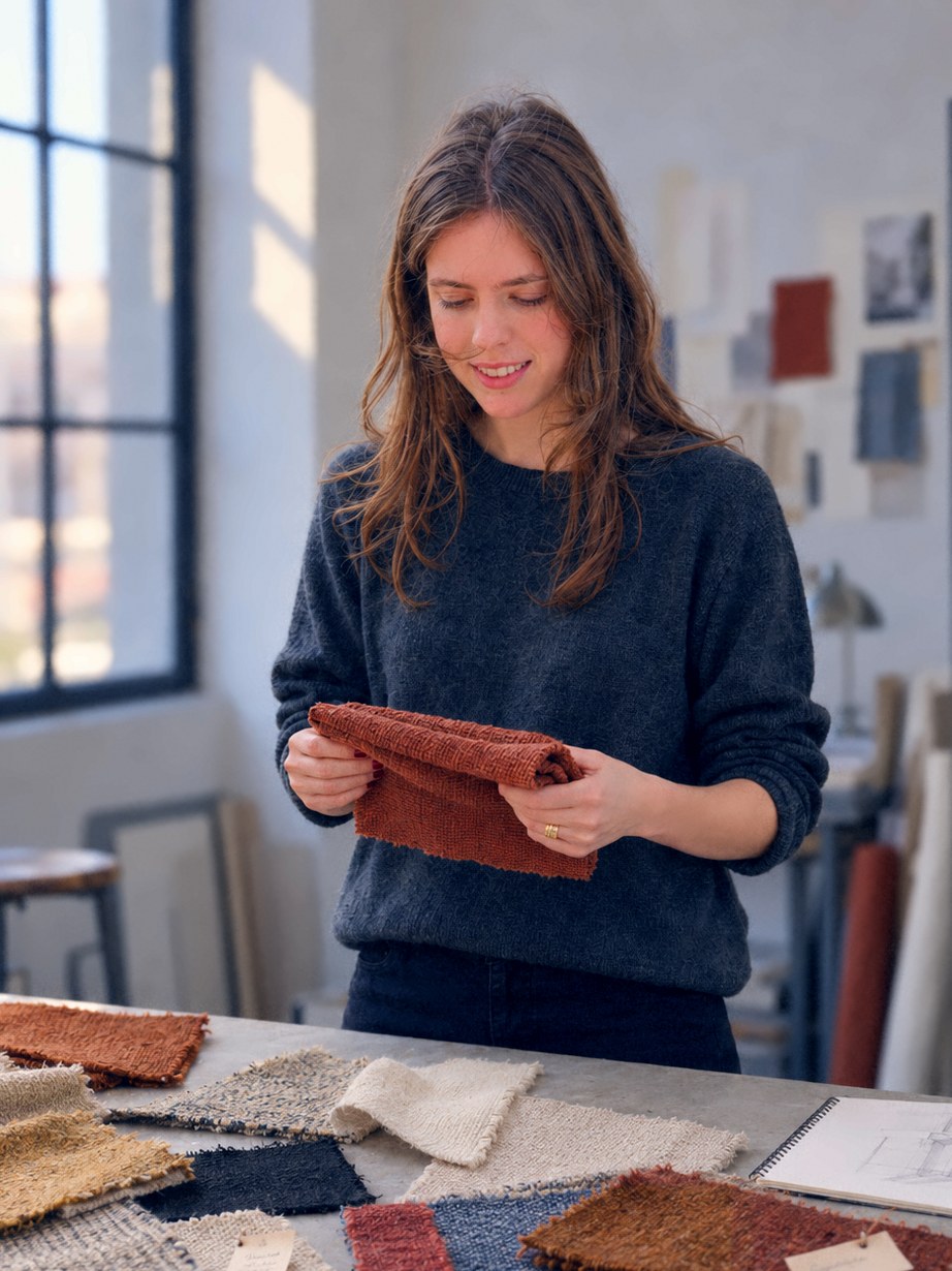 El estudio en Madrid: muestras de tejido en terracota, crema, gris azulado, ocre y negro extendidas sobre la mesa de trabajo junto a la ventana